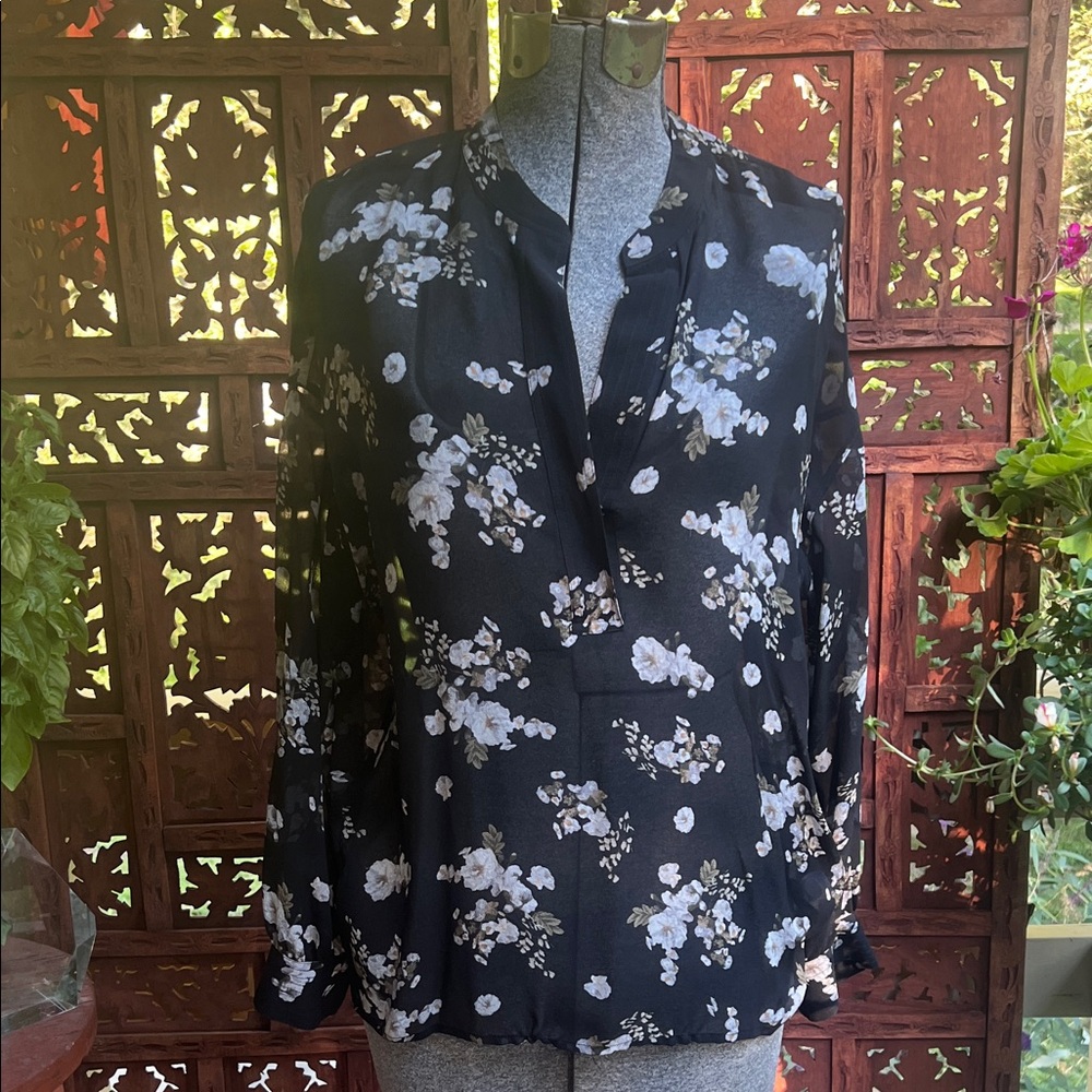 Vince Black Floral Silk Blouse
